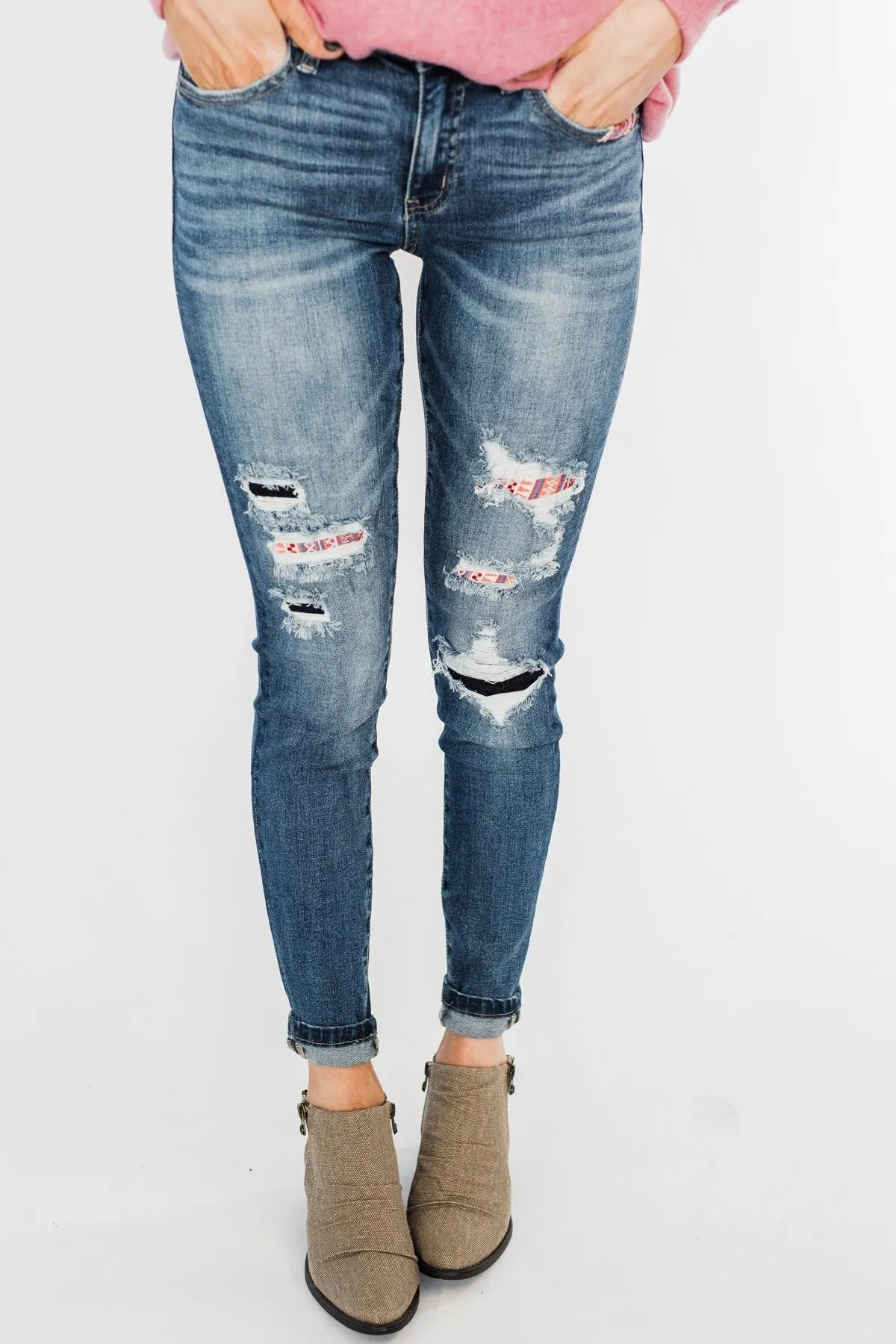 KanCan Distressed Skinny Jeans- Aztec Patch