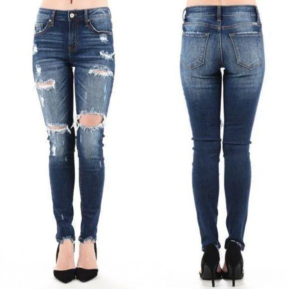 Kancan KC5055KD Super Dark Wash Mid Rise Distressed Skinny Jeans