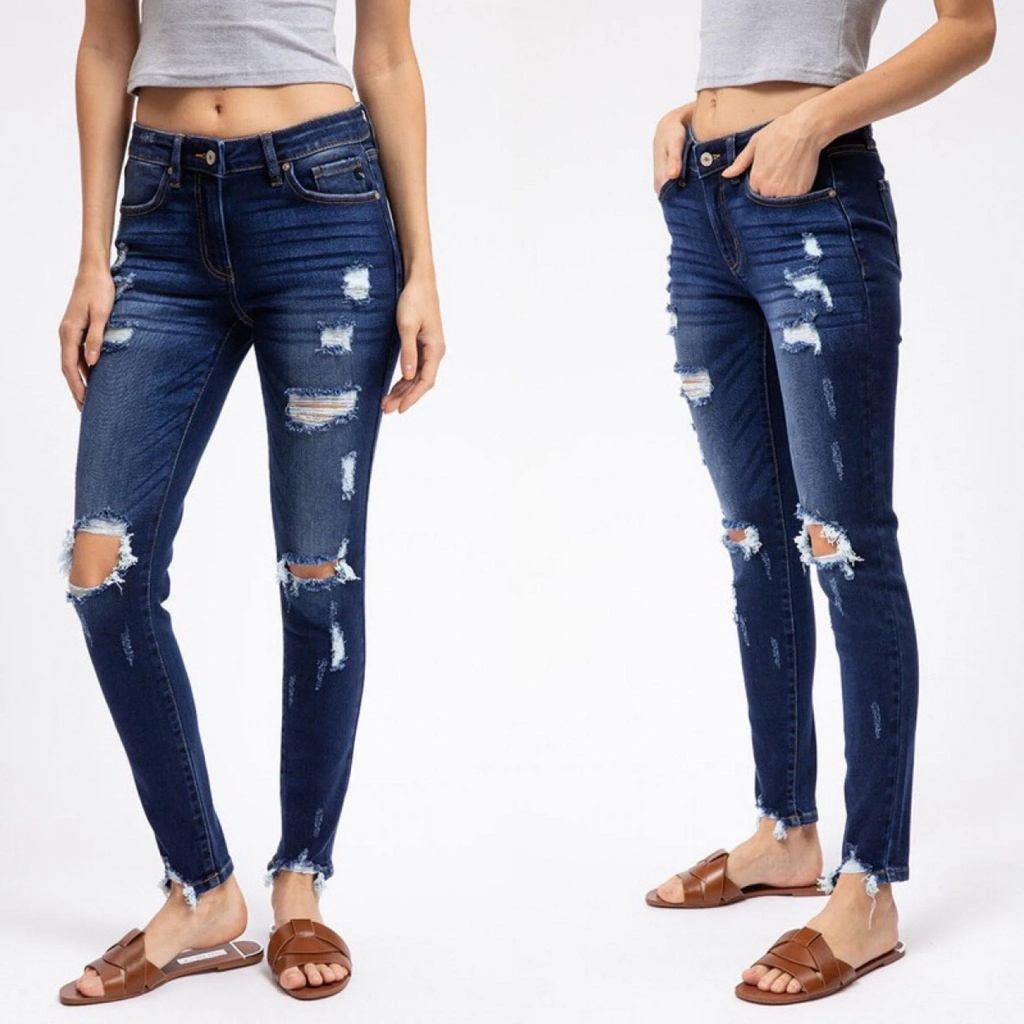 Kancan KC5055KD Super Dark Wash Mid Rise Distressed Skinny Jeans