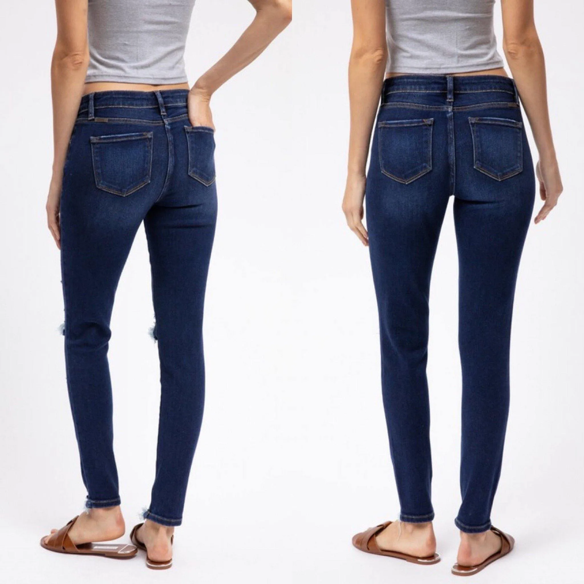 Kancan KC5055KD Super Dark Wash Mid Rise Distressed Skinny Jeans