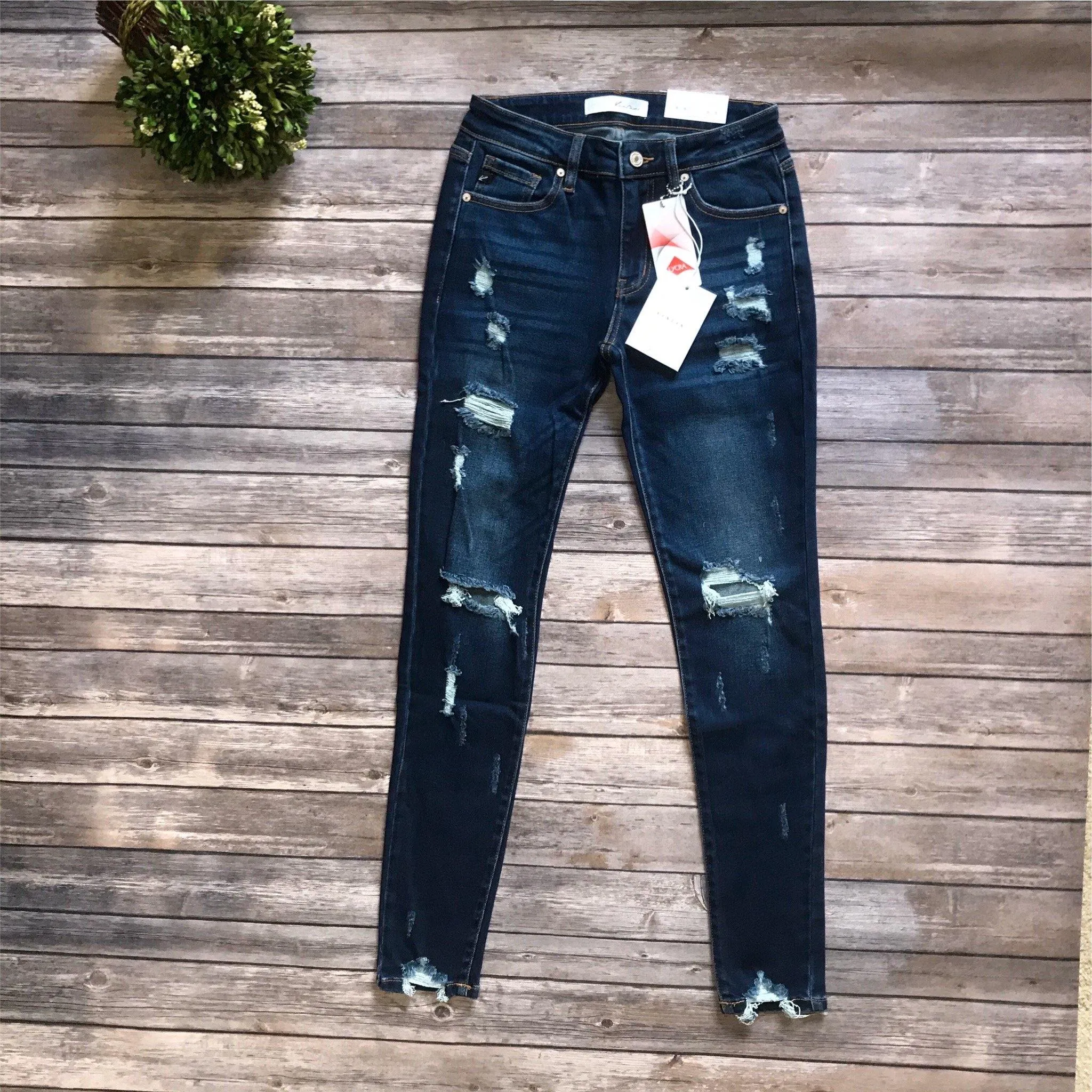 Kancan KC5055KD Super Dark Wash Mid Rise Distressed Skinny Jeans