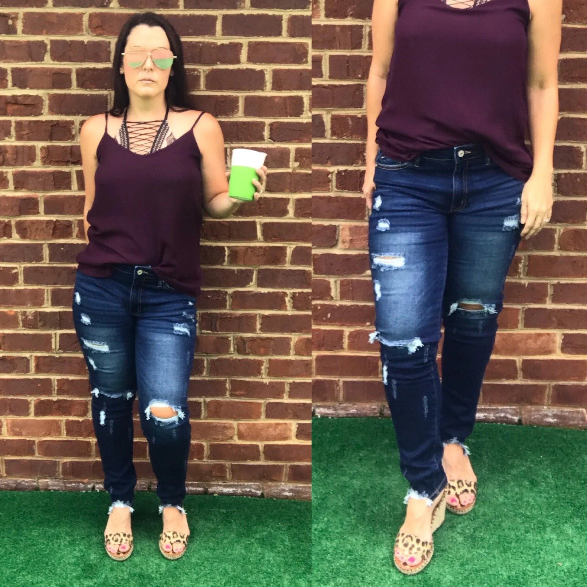 Kancan KC5055KD Super Dark Wash Mid Rise Distressed Skinny Jeans
