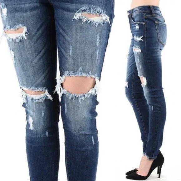 Kancan KC5055KD Super Dark Wash Mid Rise Distressed Skinny Jeans