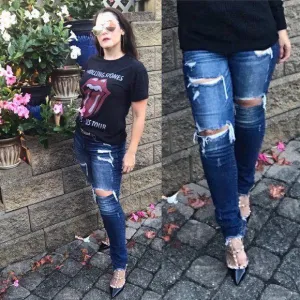 Kancan KC5055KD Super Dark Wash Mid Rise Distressed Skinny Jeans