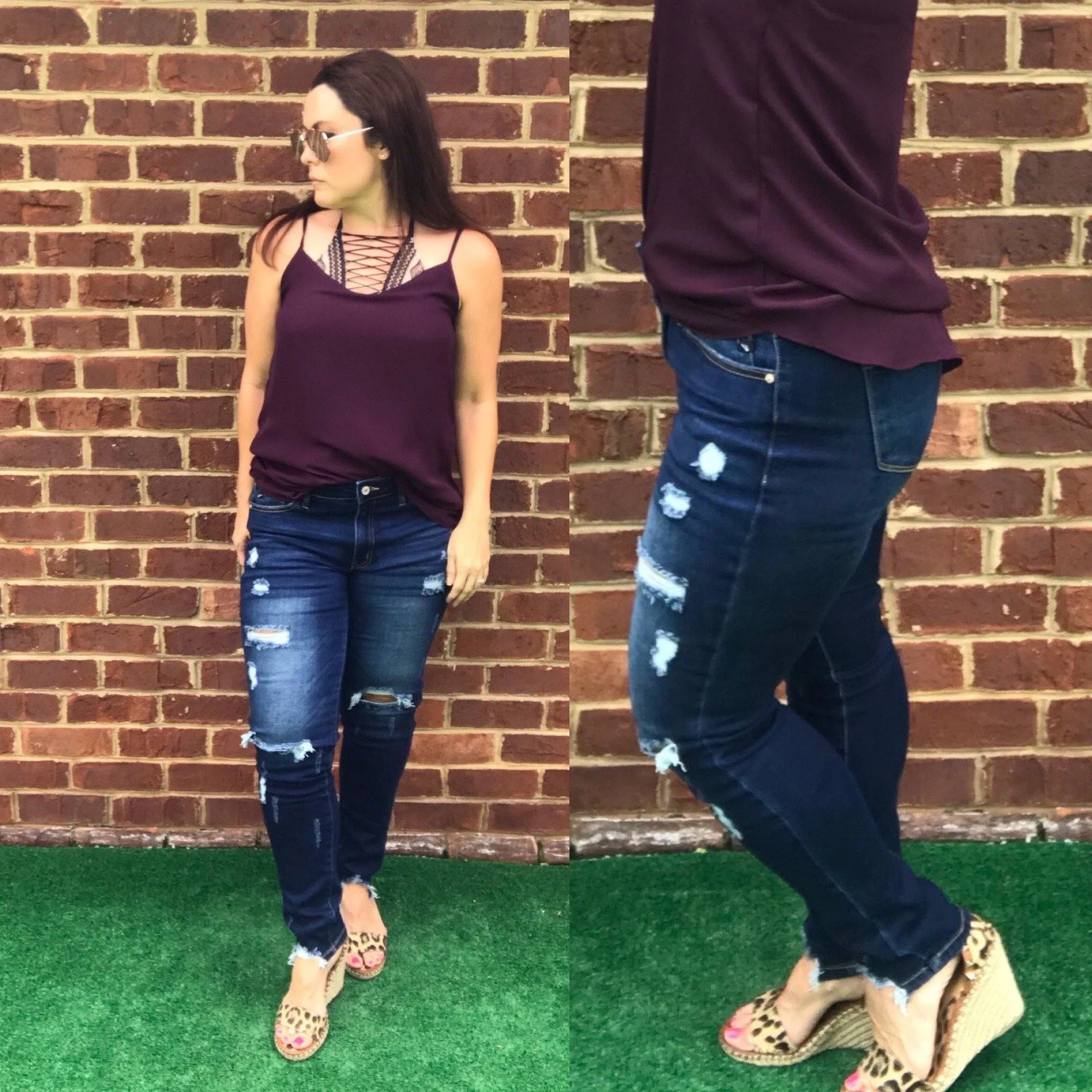Kancan KC5055KD Super Dark Wash Mid Rise Distressed Skinny Jeans