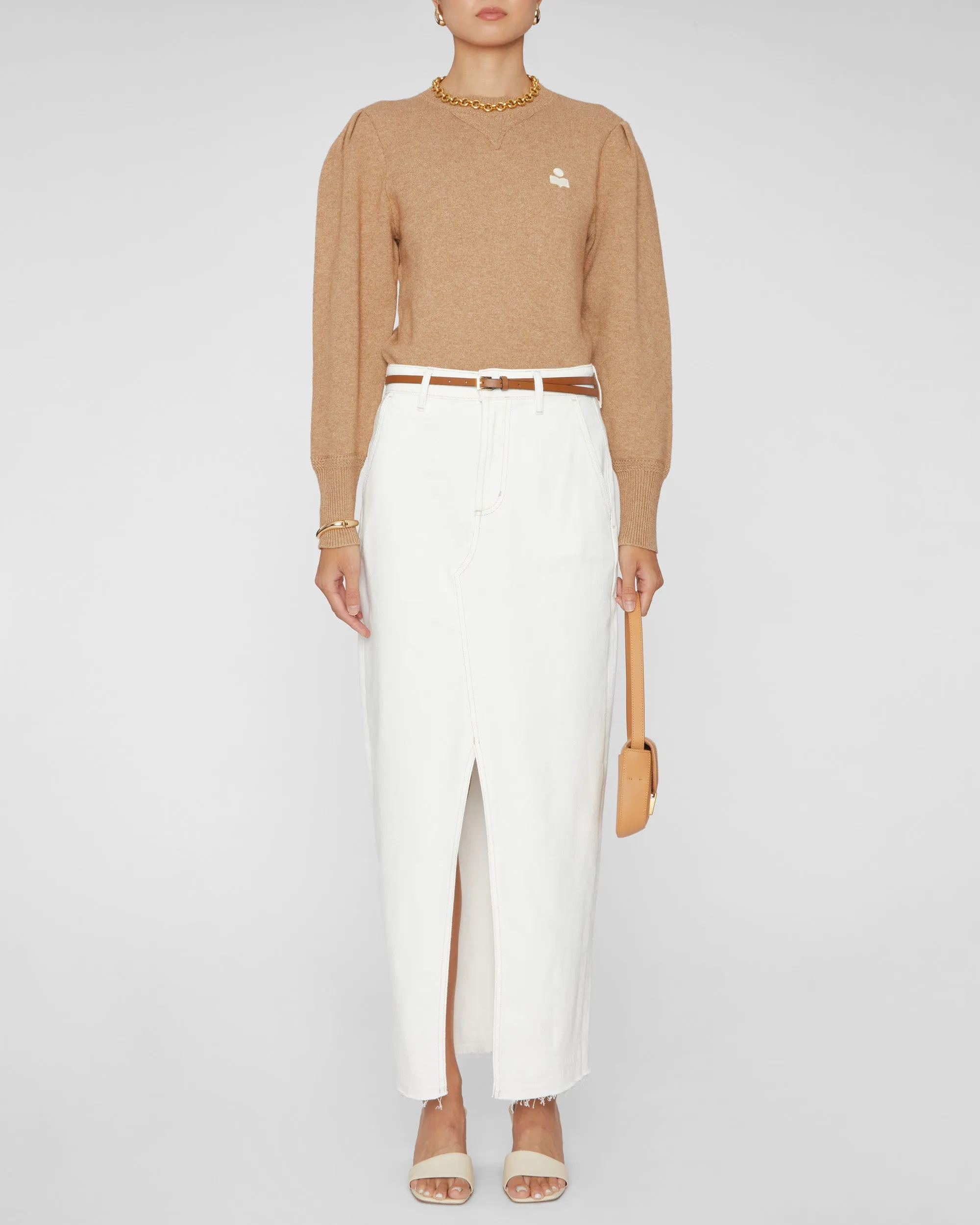 Kelaya Crew Neck Puff Sleeve Sweater in Camel