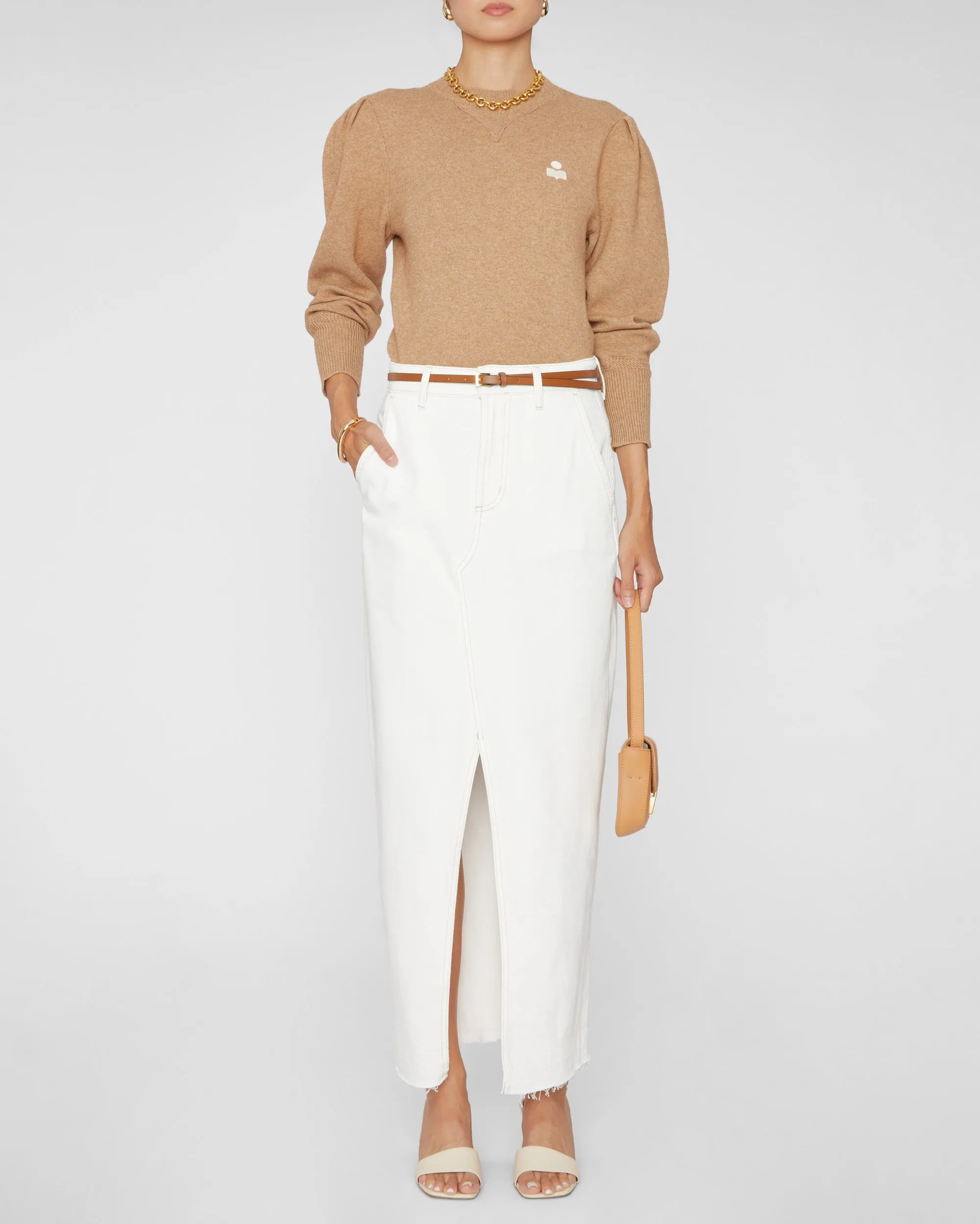 Kelaya Crew Neck Puff Sleeve Sweater in Camel