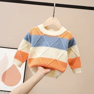Kids Long Sleeve O-Neck Rhombus Knitted Sweater - Blue, White, Orange