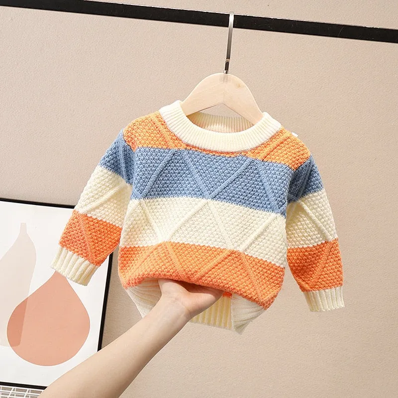 Kids Long Sleeve O-Neck Rhombus Knitted Sweater - Blue, White, Orange
