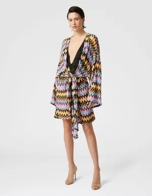 Kimono-Cover-up aus Lamé-Viskose-Spitze mit Bindegürtel