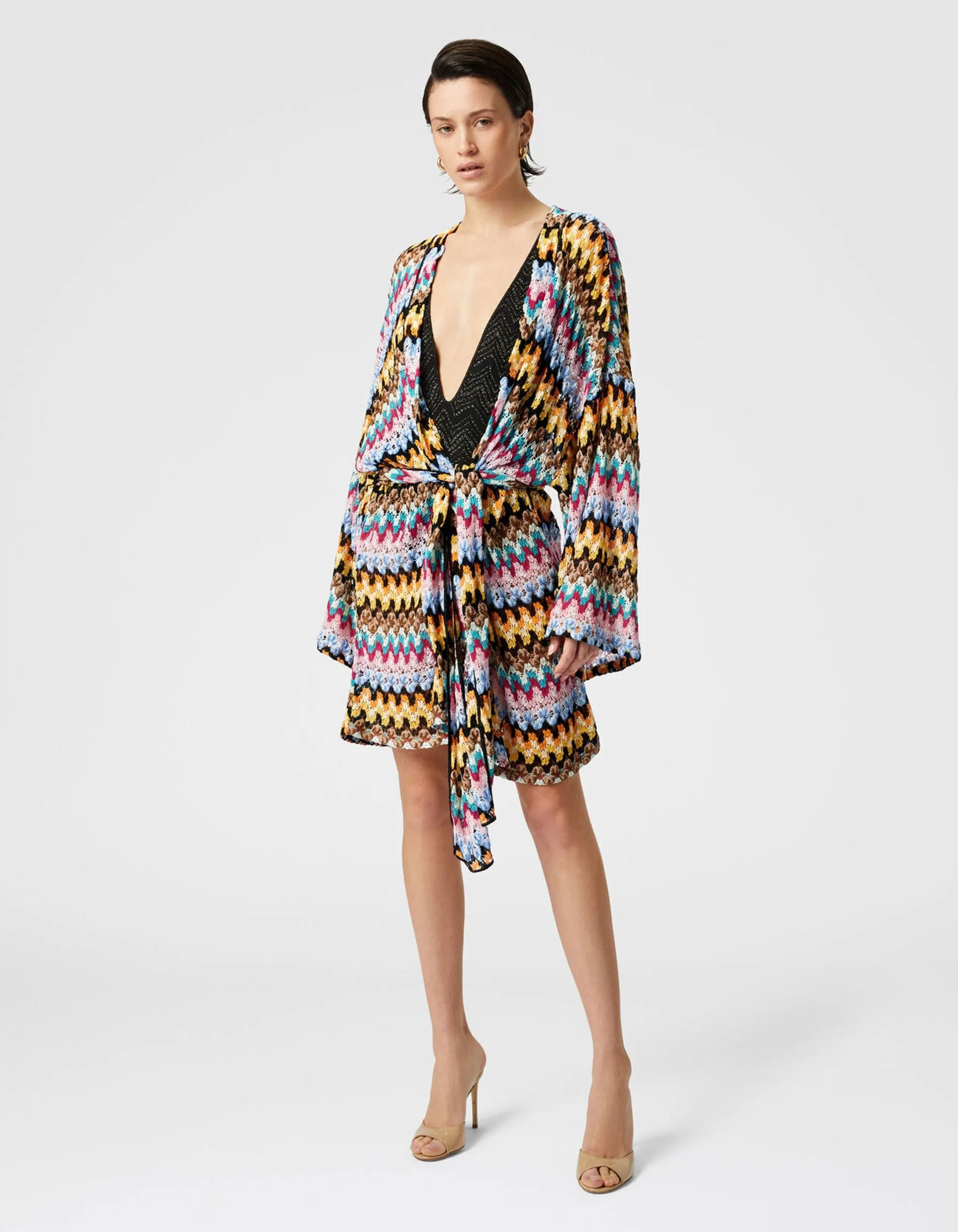 Kimono-Cover-up aus Lamé-Viskose-Spitze mit Bindegürtel