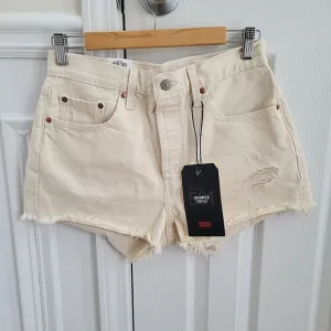 Levis 501 High Rise Distressed Raw Hem Cream Colored Cutoff Jeans Shorts