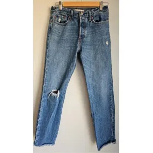 LEVIS Premium Wedgie Straight High Rise Distressed Blue Jeans, Womens Sz 27