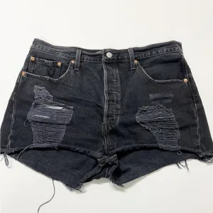 Levis Womens 501 Original High Rise Black Destructed Rolled Denim Shorts Size 34