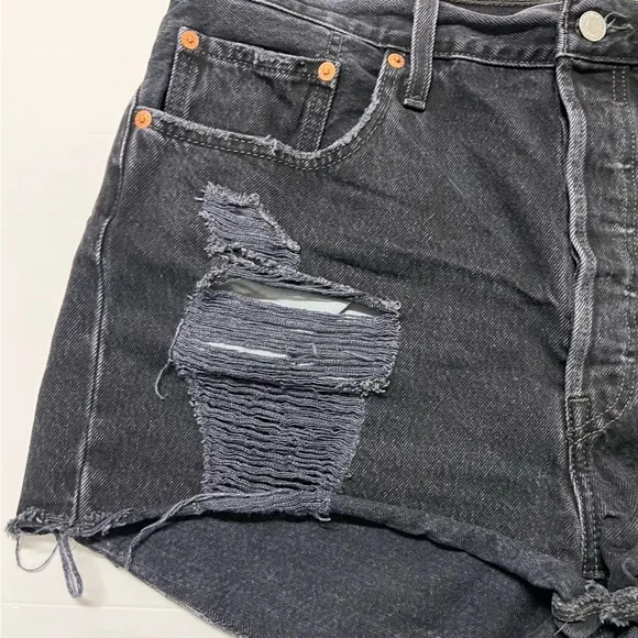 Levis Womens 501 Original High Rise Black Destructed Rolled Denim Shorts Size 34