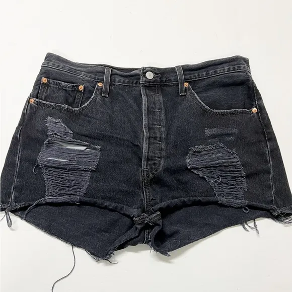 Levis Womens 501 Original High Rise Black Destructed Rolled Denim Shorts Size 34