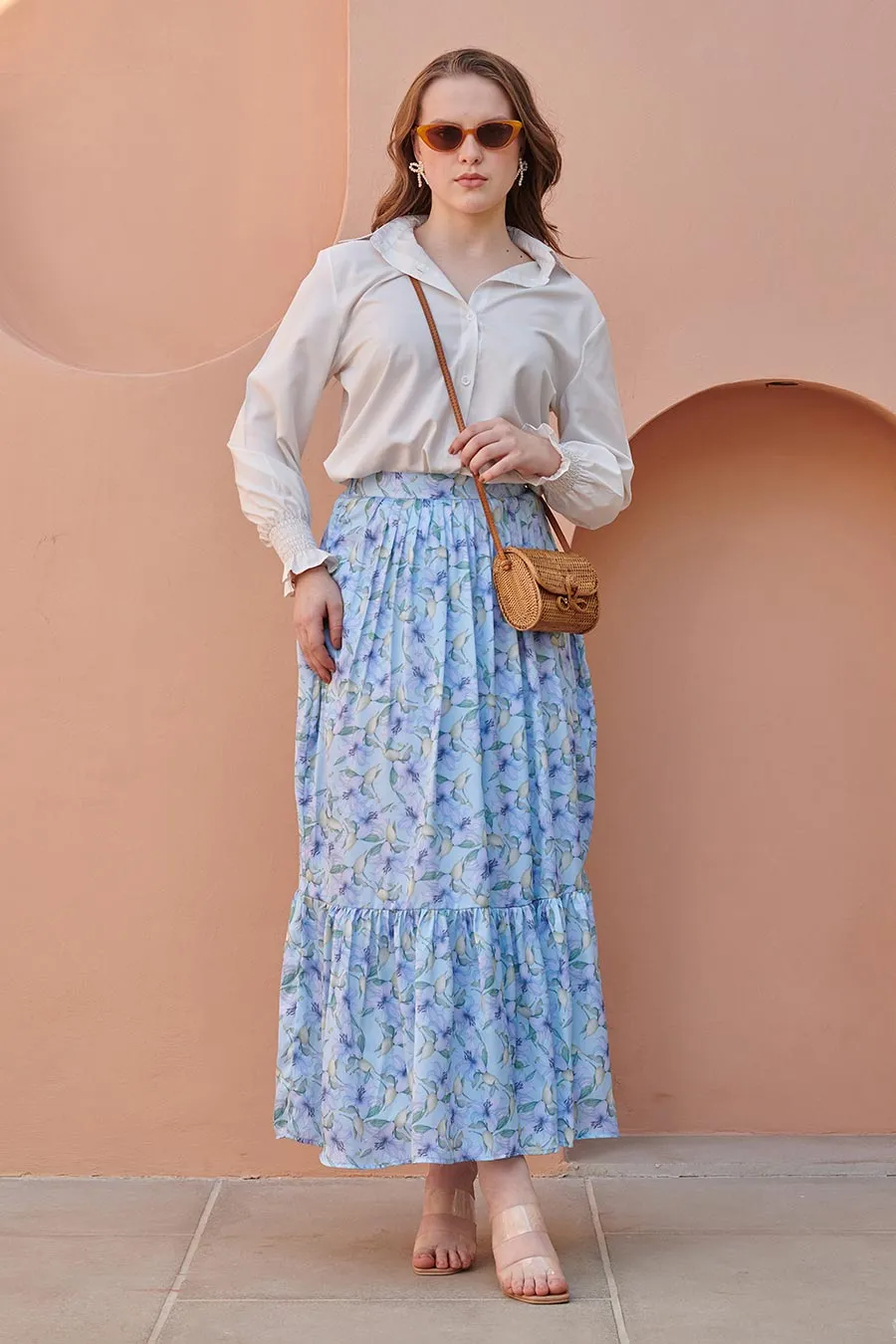Light Blue Gathered-Tier Printed Skirt