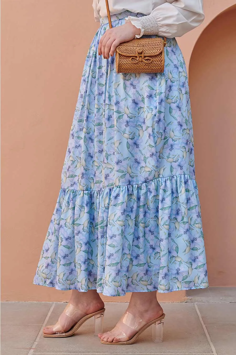 Light Blue Gathered-Tier Printed Skirt