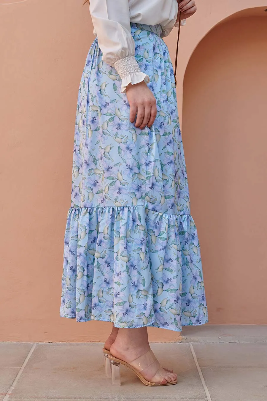 Light Blue Gathered-Tier Printed Skirt