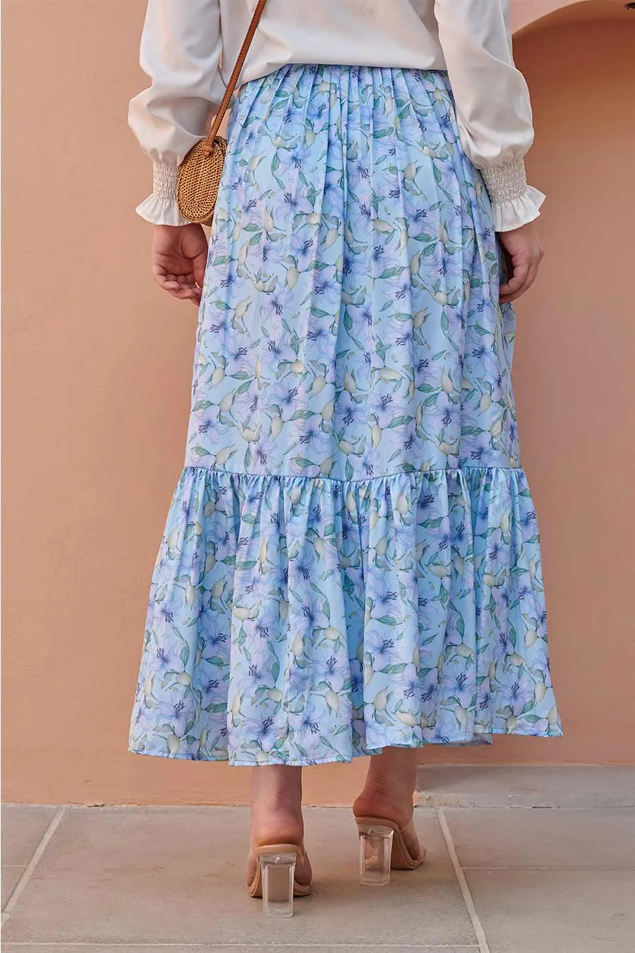 Light Blue Gathered-Tier Printed Skirt