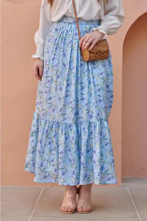 Light Blue Gathered-Tier Printed Skirt