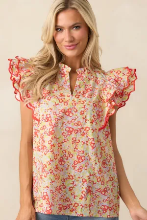 Light Finds A Way Red Floral Cotton Flutter Sleeve Top