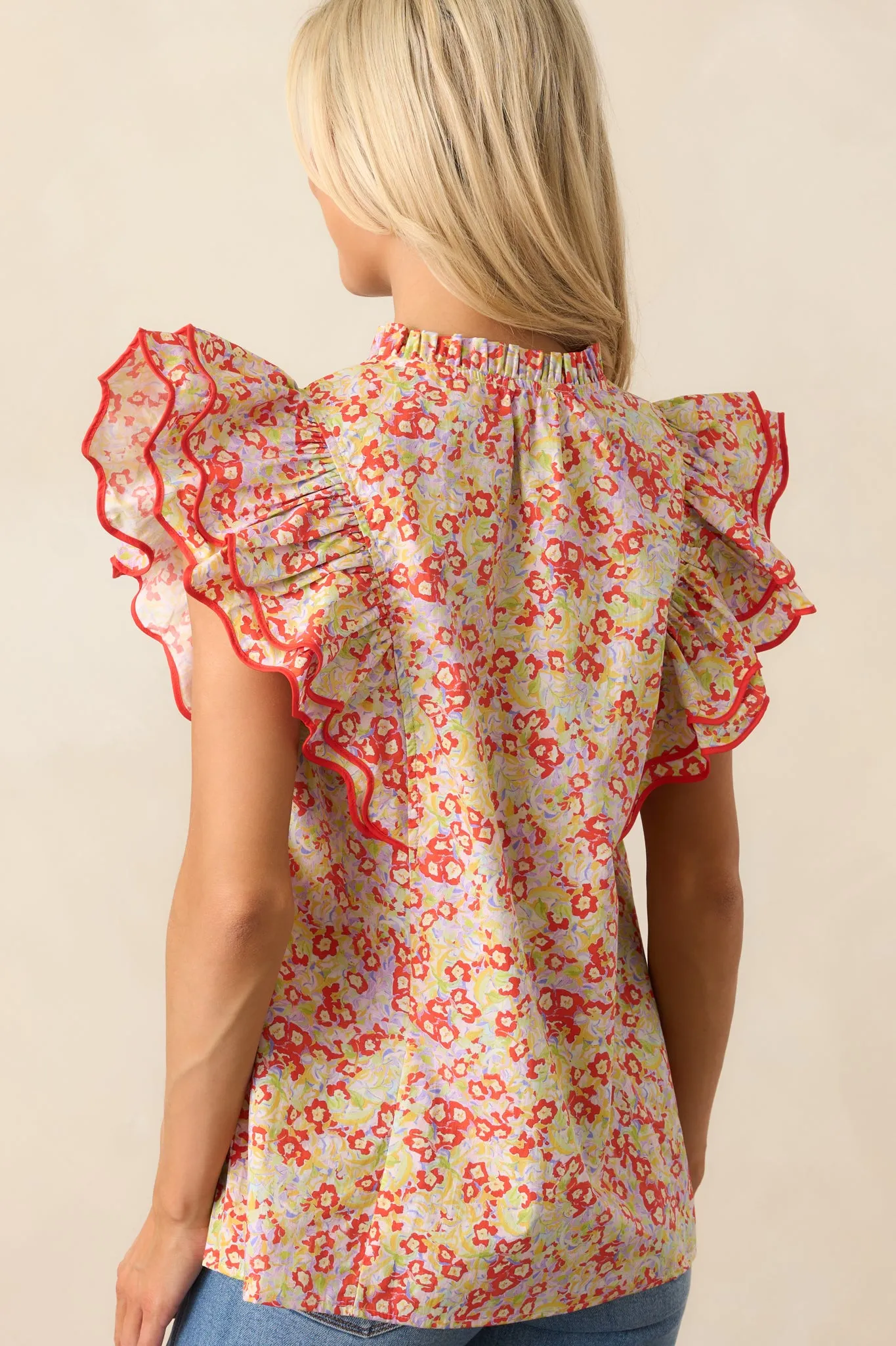 Light Finds A Way Red Floral Cotton Flutter Sleeve Top