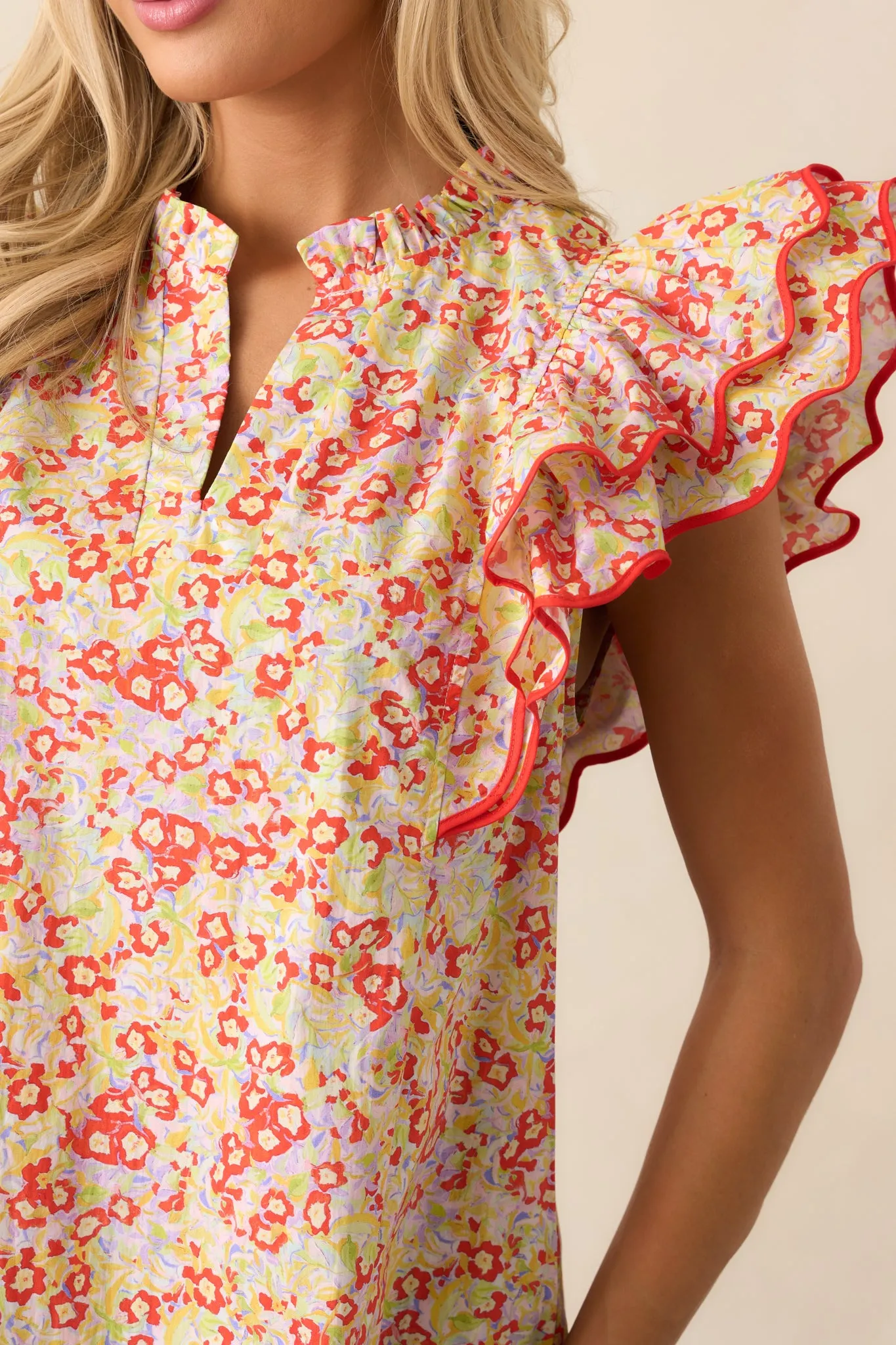 Light Finds A Way Red Floral Cotton Flutter Sleeve Top