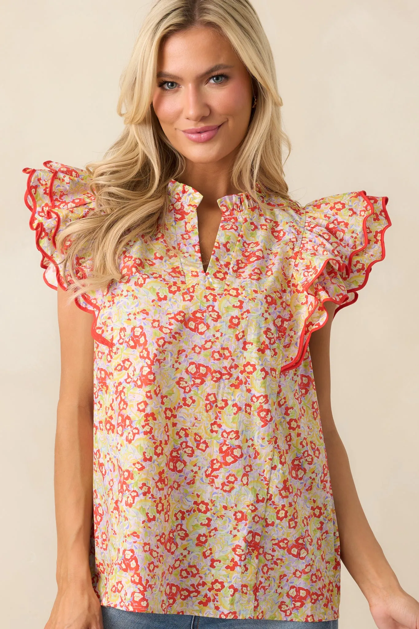 Light Finds A Way Red Floral Cotton Flutter Sleeve Top