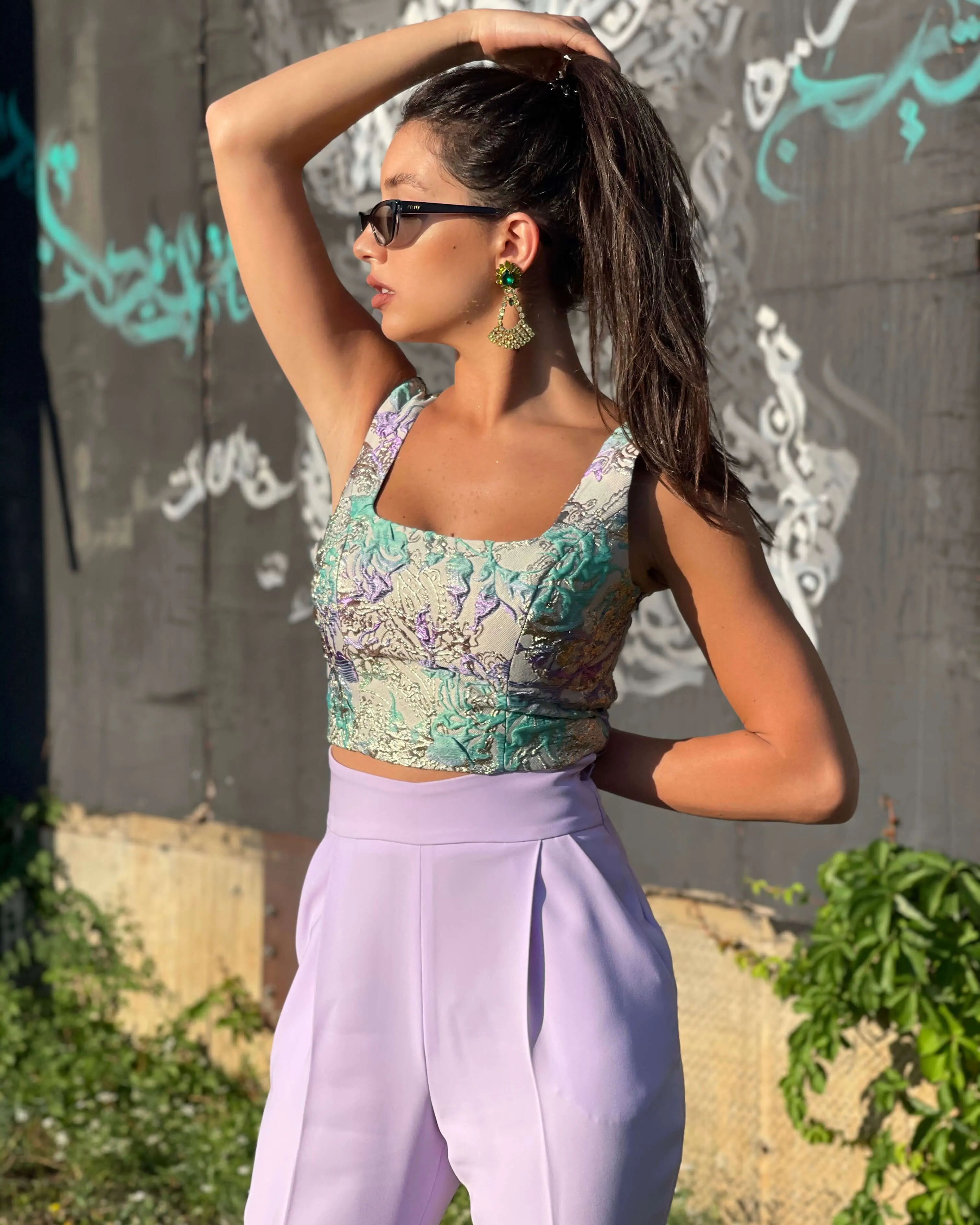 Lilac Multi-Colored Brocade Crop Top