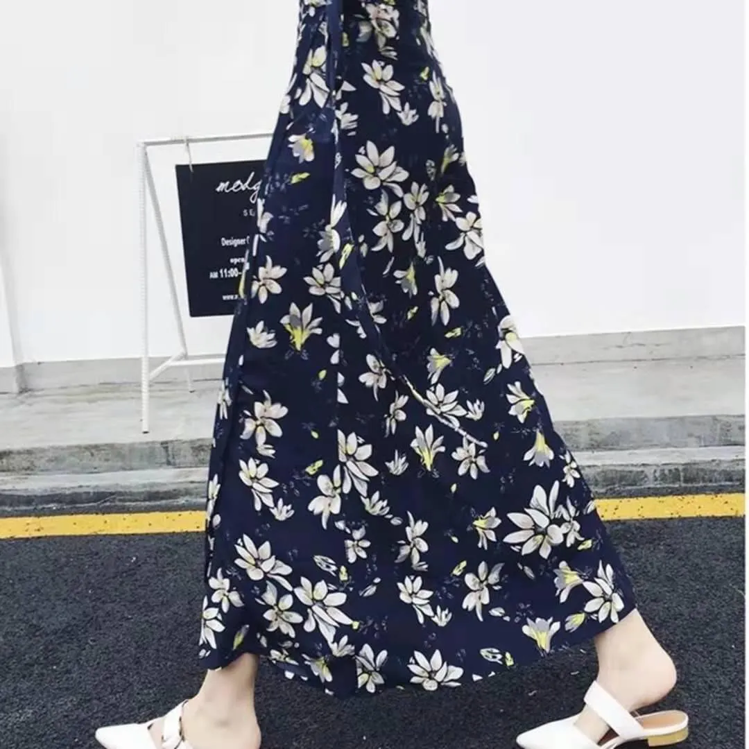 Long Floral Chiffon Casual Skirt One-piece Skirt Women Summer Chiffon Wrap Skirt Long Beach Skirt