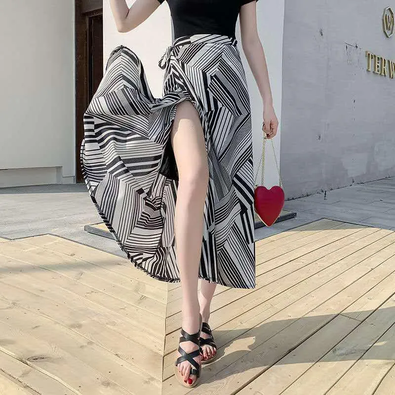 Long Floral Chiffon Casual Skirt One-piece Skirt Women Summer Chiffon Wrap Skirt Long Beach Skirt