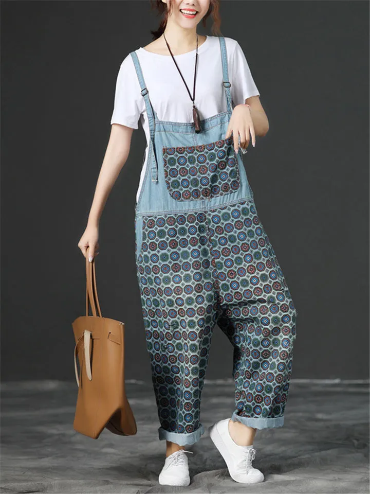 Loose Adjustable Printed Jumpsuits With Pocket