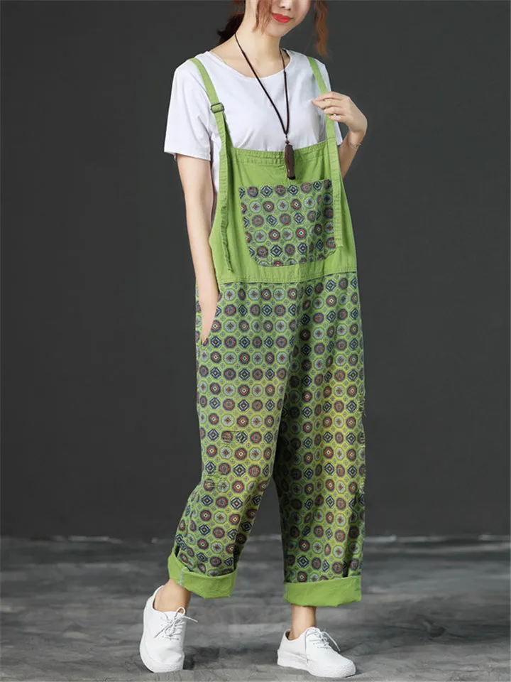 Loose Adjustable Printed Jumpsuits With Pocket