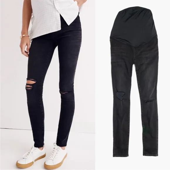 Madewell Maternity Over-the-Belly Distressed Skinny Jeans in Black Sea Grey