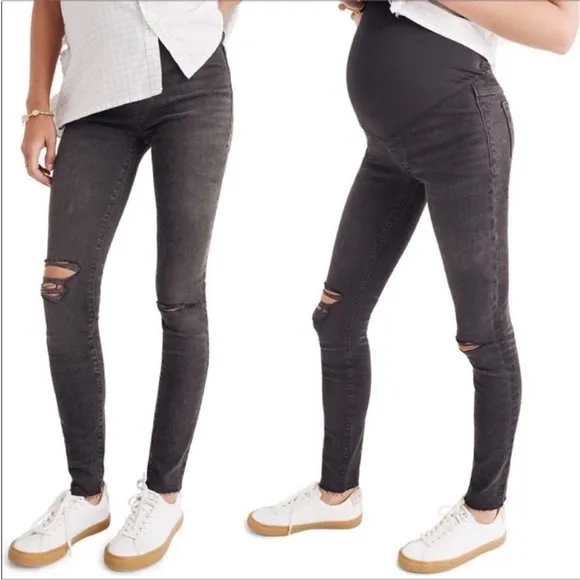 Madewell Maternity Over-the-Belly Distressed Skinny Jeans in Black Sea Grey