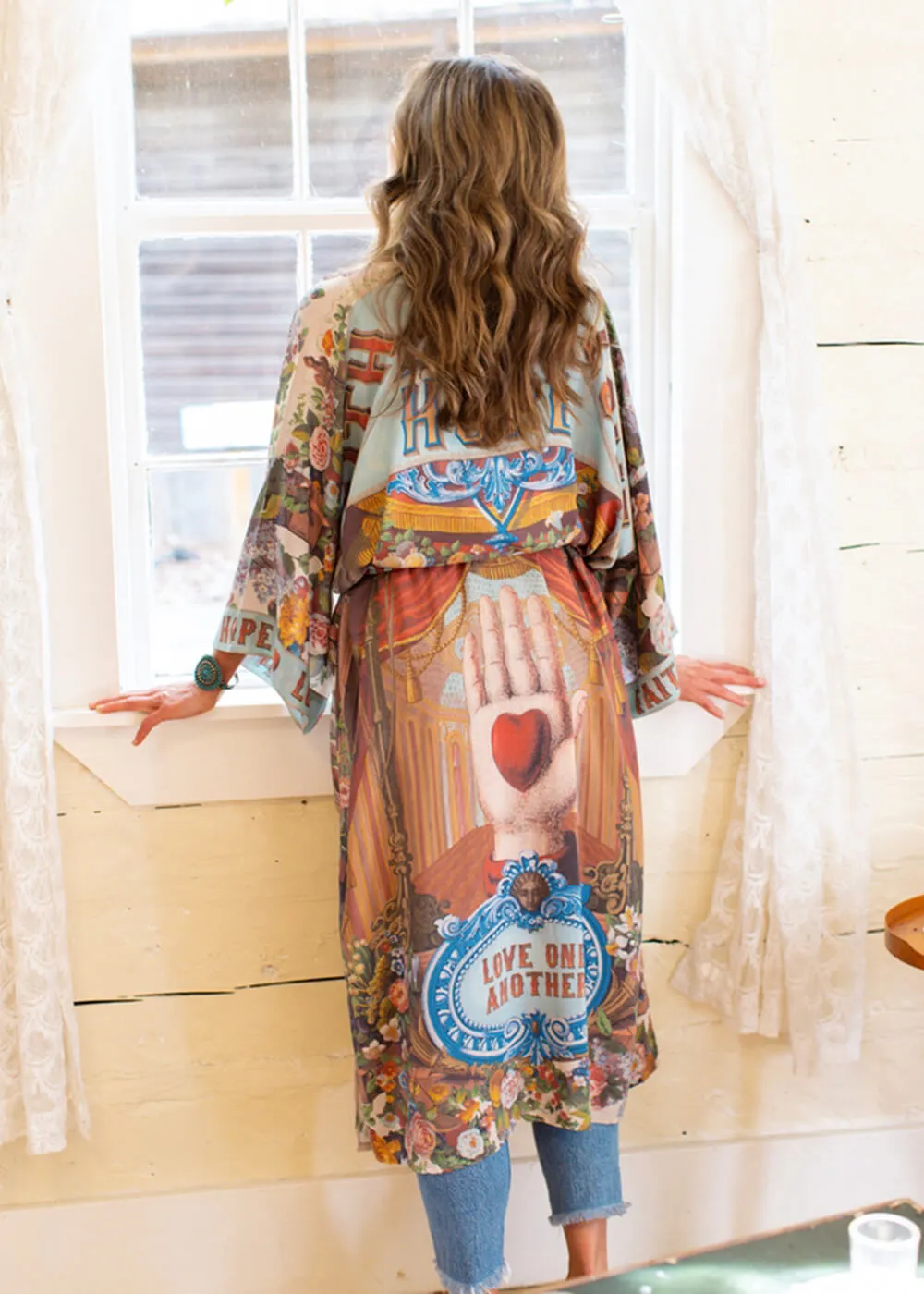 Market Of Stars Love Language Long Kimono Blue
