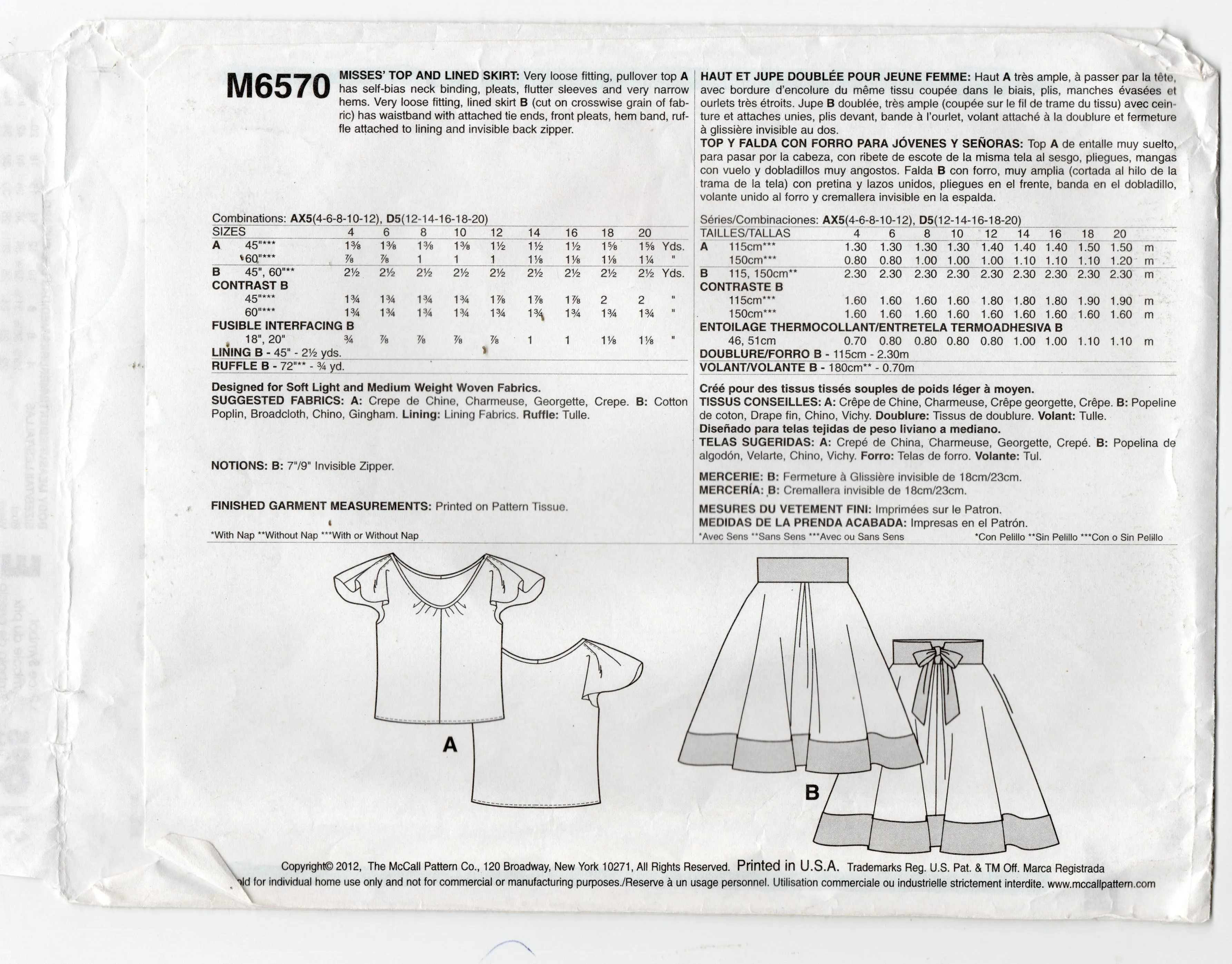 McCall's 6570 STEPHANIE O Womens Flutter Sleeved Top & Lined Flared Skirt Out Of Print Sewing Pattern Sizes 4 - 12 UNCUT Factory Folded