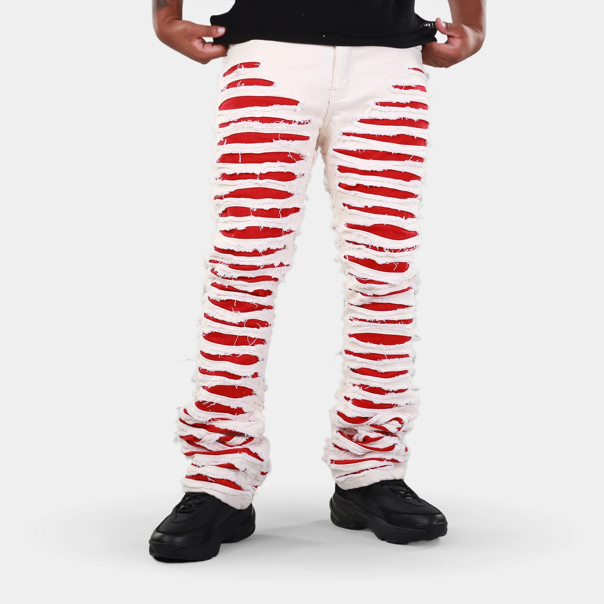 MDB Brand Men's Distressed Dual Color Stacked Jeans
