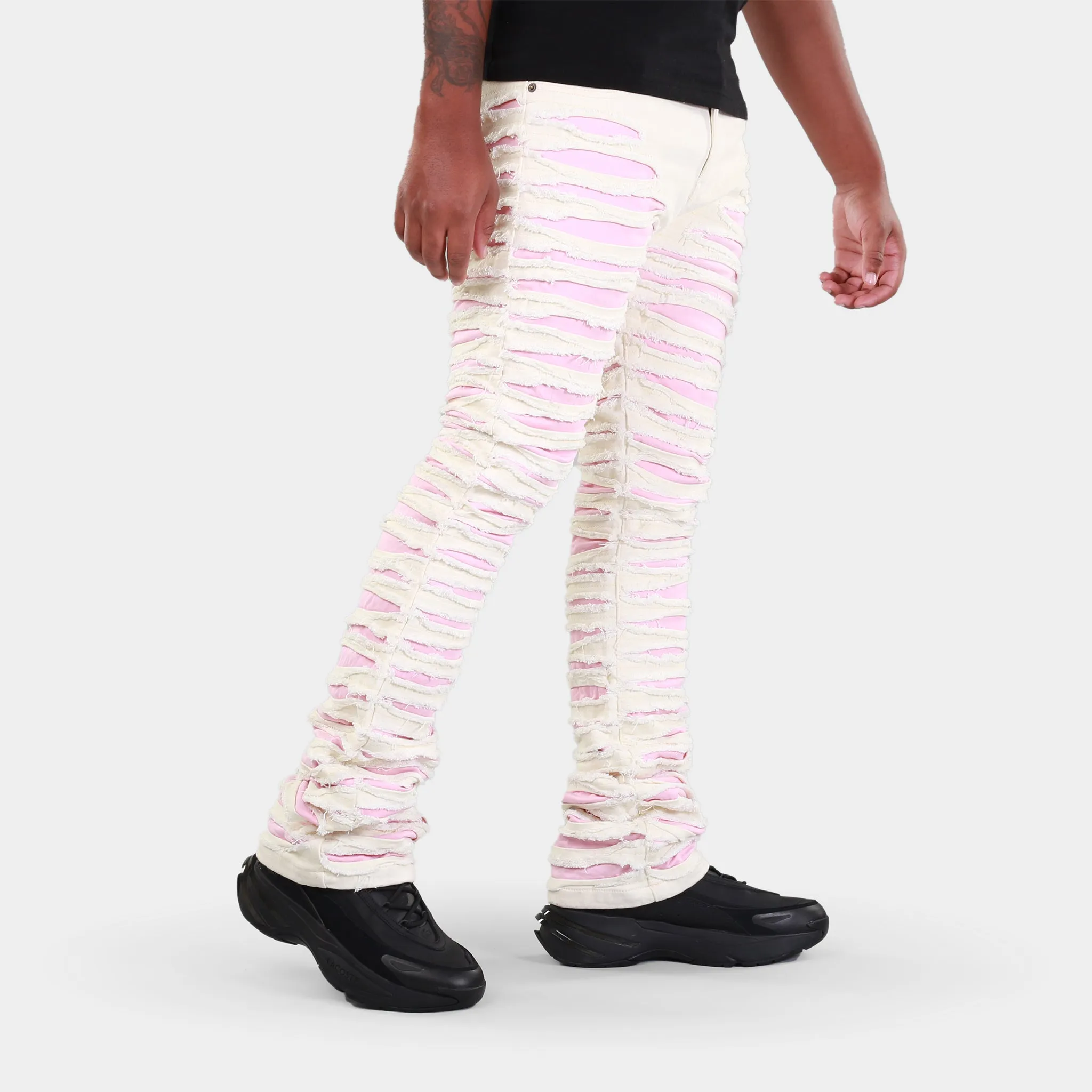 MDB Brand Men's Distressed Dual Color Stacked Jeans