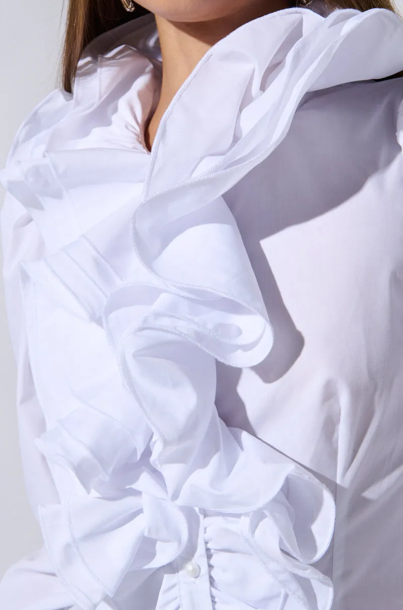 MEGHAN DRAMATIC RUFFLE BUTTON DOWN BLOUSE