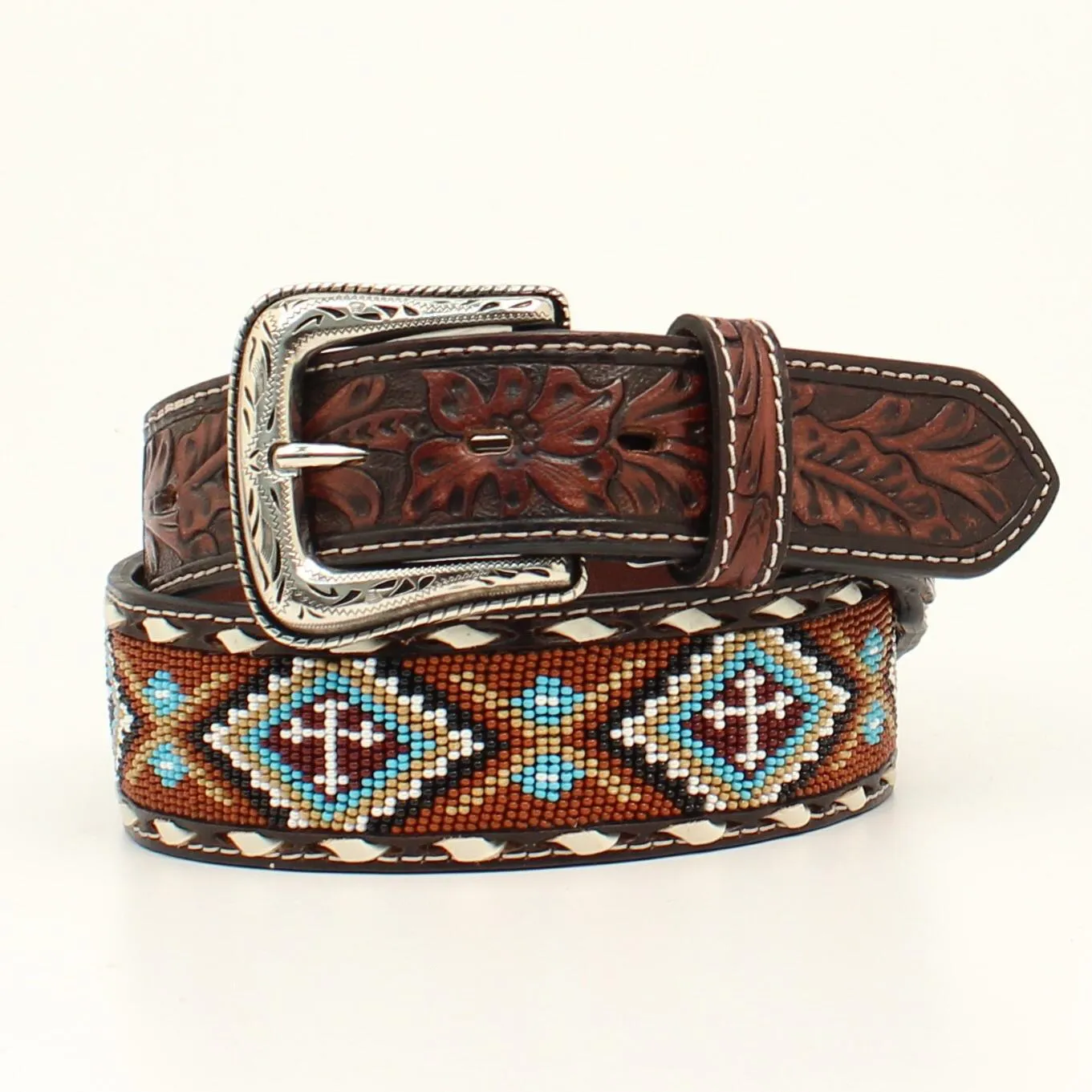 MENS BELT 1 7/8 - 1 1/2 FLORAL TOOLED BEADED BUCK LACING TAN NOCONA