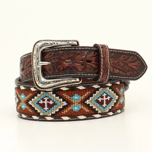 MENS BELT 1 7/8 - 1 1/2 FLORAL TOOLED BEADED BUCK LACING TAN NOCONA