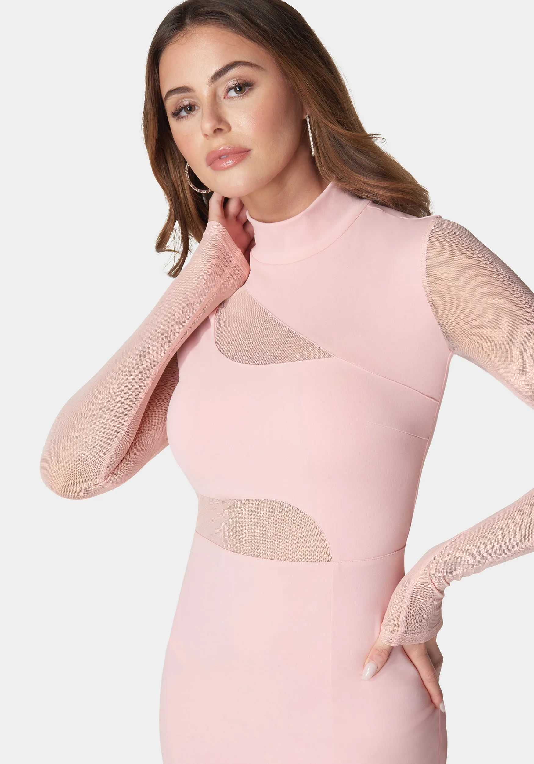 Mesh Inset Long Sleeve Midi Dress