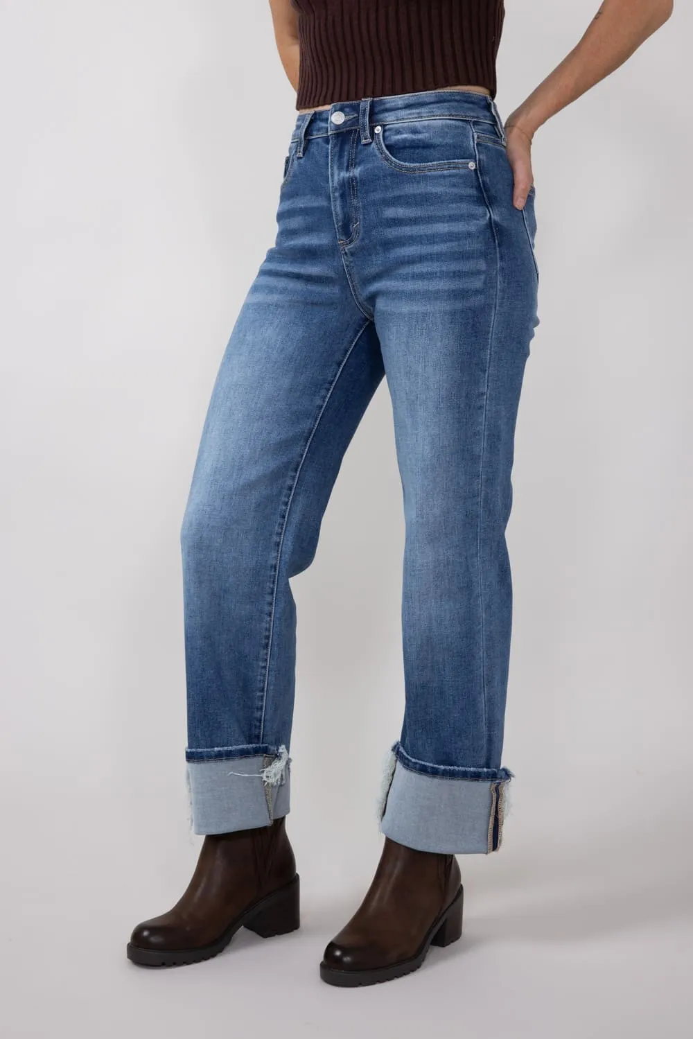 Mica Super High Rise Straight Cuffed Jeans for Women | MDP-T3308