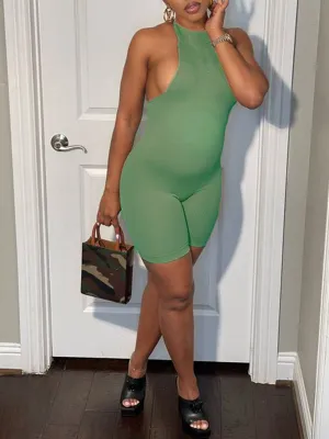 Momnfancy Green Off Shoulder Bodycon Cute Short Plus Size Maternity Jumpsuit