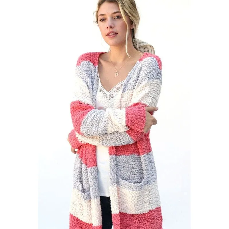 MULTI COLOR STRIPED POPCORN CARDIGAN