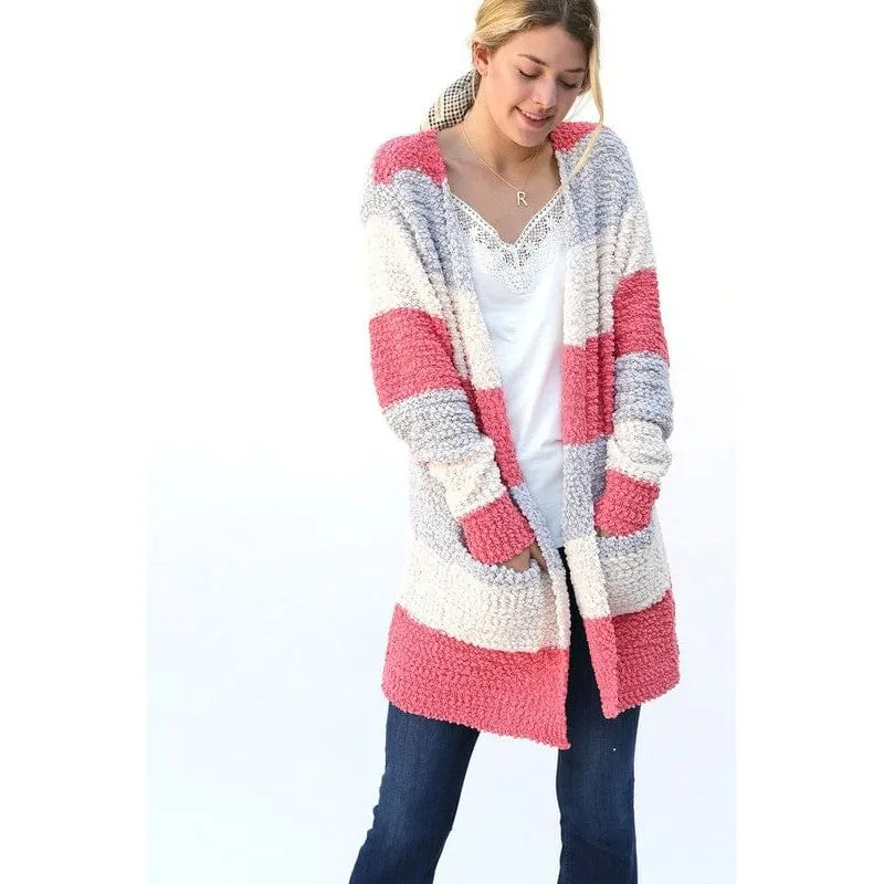 MULTI COLOR STRIPED POPCORN CARDIGAN