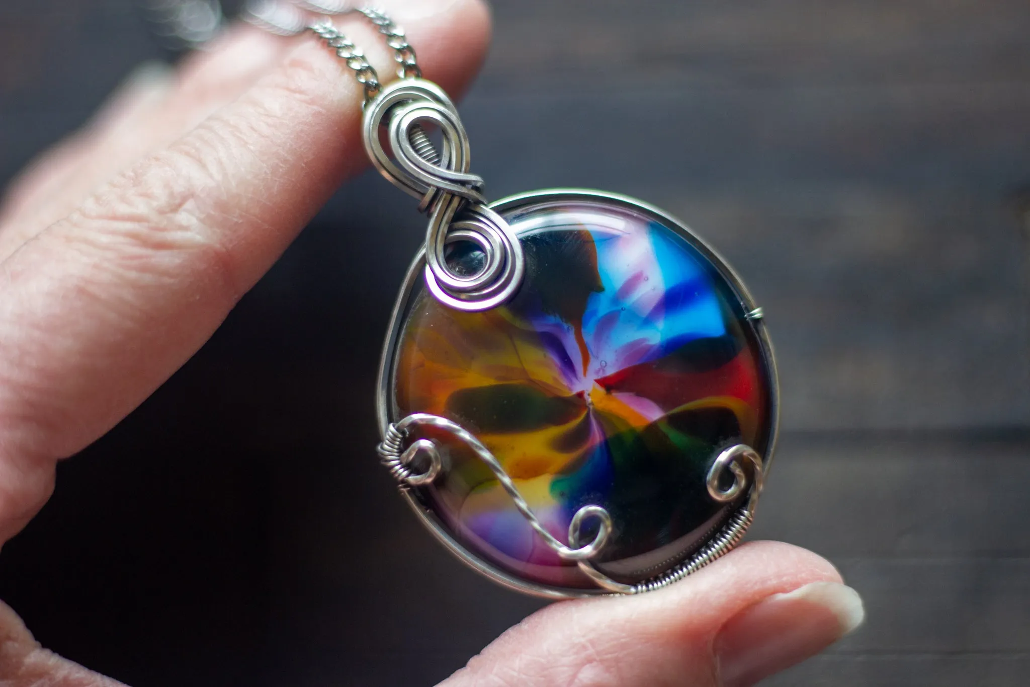 Multi-colored Fused Glass Statement Pendant with Sterling Silver Wire Wrapping