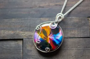 Multi-colored Fused Glass Statement Pendant with Sterling Silver Wire Wrapping